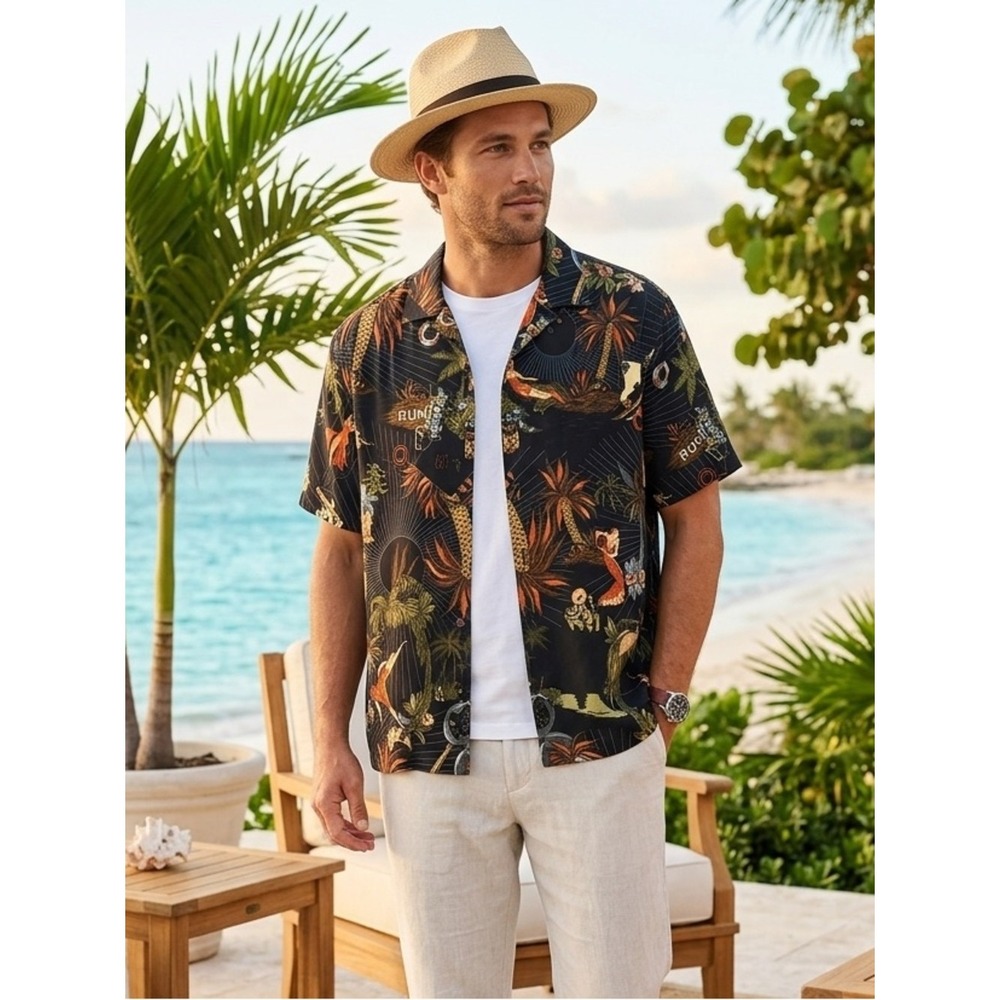NWOT Tommy Bahama Black Havana Pin-Up Girl 100% Silk Camp Shirt L Resortwear - Picture 2 of 8